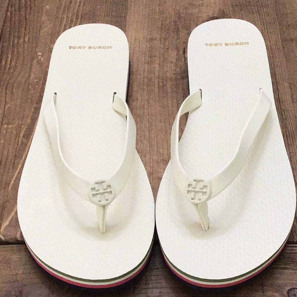 Tory Burch off white flip flops